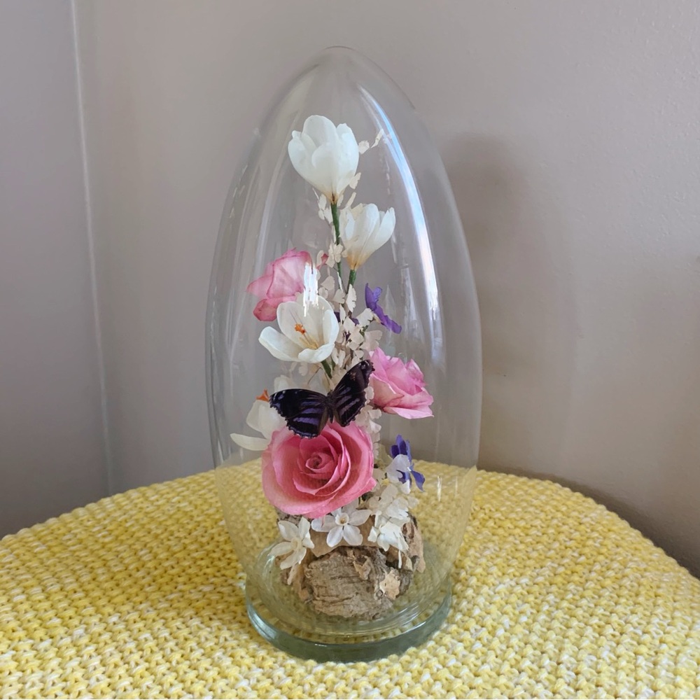 Vintage Michael Curzon preserved flowers and butterfly in glass dome